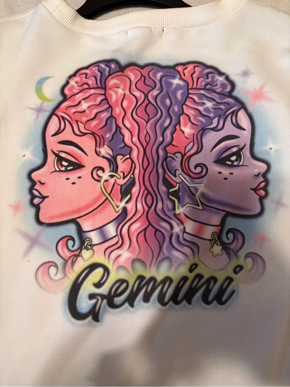 Dolls Kill White Gemini Crewneck Sweater with Pink & Purple Graphic